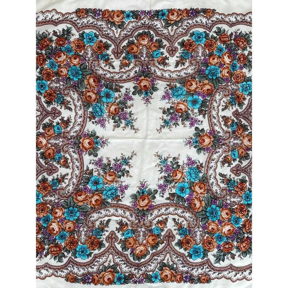 1970s Vintage Floral Hand-Knotted Fringe Shawl Scarf Boho Folk Cotton Wrap